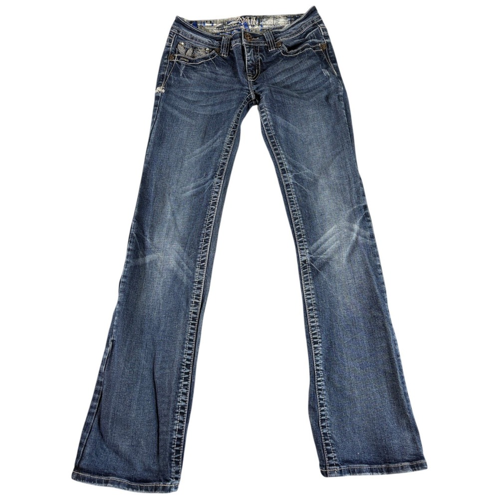 Adiktd Bootcut Jeans Womens 2/27 Blue Dark Wash Y2K Low Rise Embroidered Pockets
